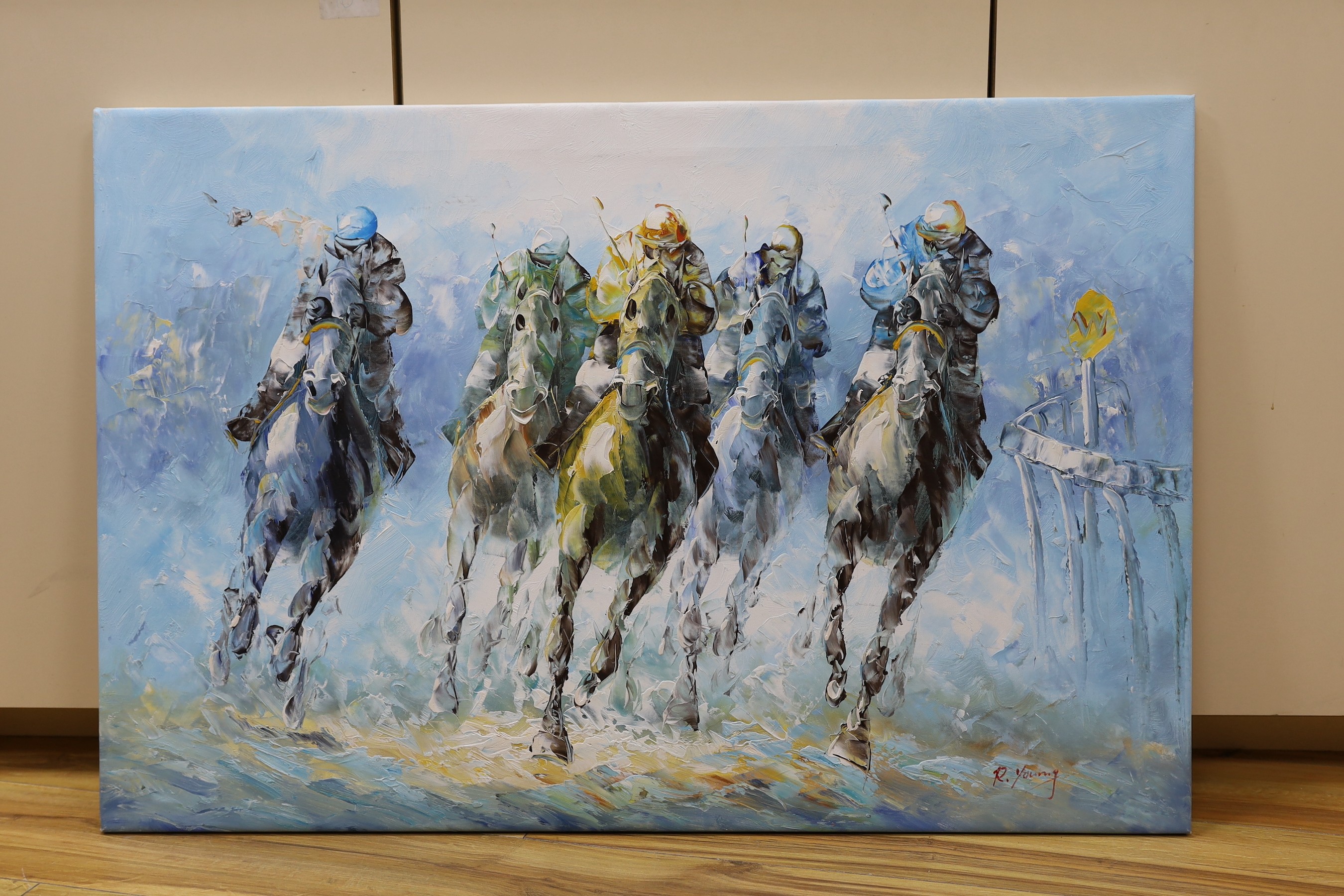 R. Young, oil on canvas, Racehorses taking a bend, signed, 61 x 91cm, unframed